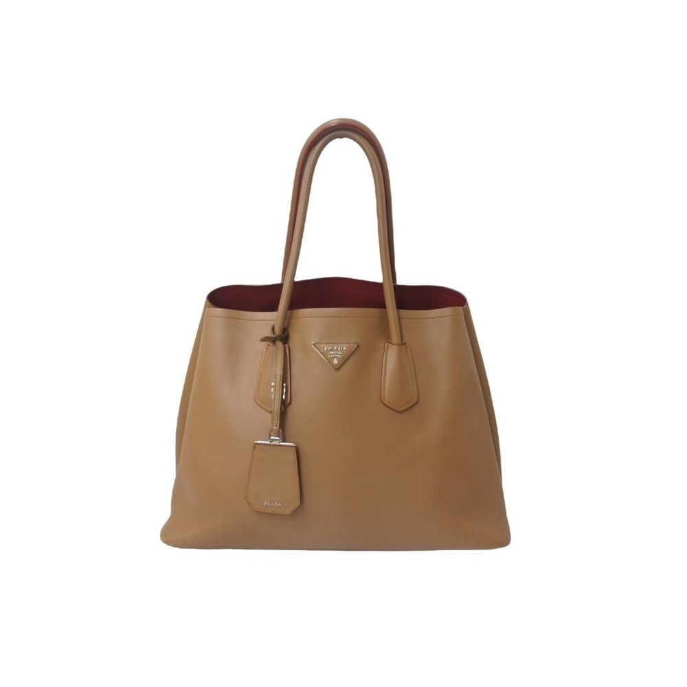 PRADA Tote Bag Triangular Logo Plate Two Space Brown Red Calfskin Leather